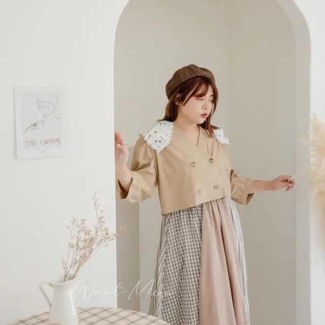 【Want-Meow】70公斤可穿/長袖棉麻蕾絲寶寶領短版外套襯衫(大碼/大尺碼/加大碼/長袖外套襯衫)