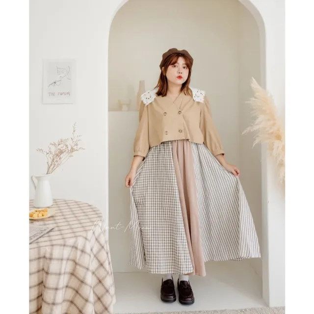 【Want-Meow】70公斤可穿/長袖棉麻蕾絲寶寶領短版外套襯衫(大碼/大尺碼/加大碼/長袖外套襯衫)