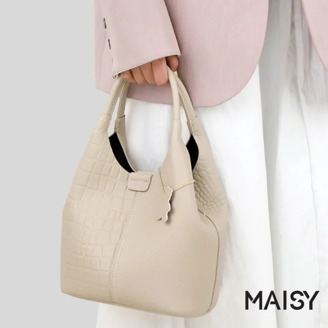 【MAISY】日系簡約荔枝紋軟皮亮澤手提包 斜跨包 單肩包(米白/卡其/黑)