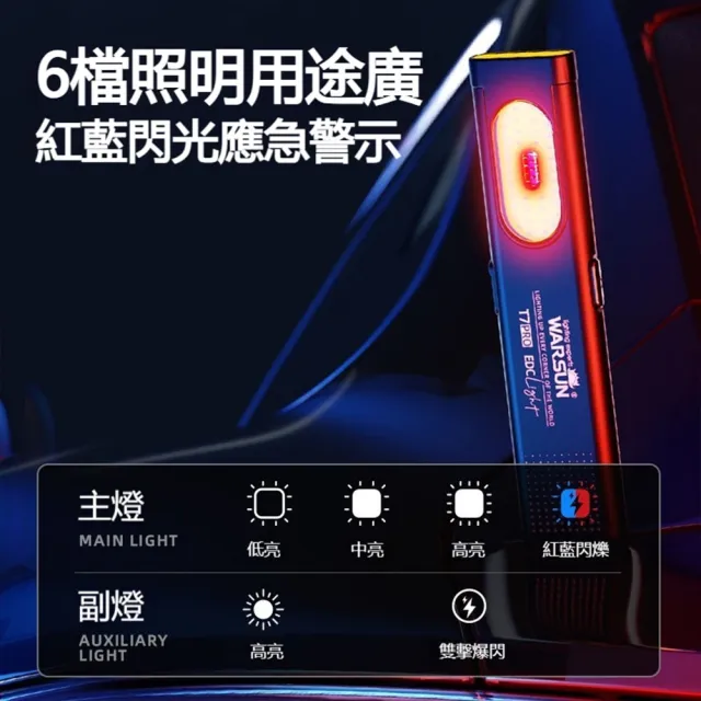 WARSUN沃爾森 雙光源磁吸手電筒 (T7pro EDC戰術手電筒 COB工作燈 帽夾燈 強光手電筒 警示燈 夜跑)