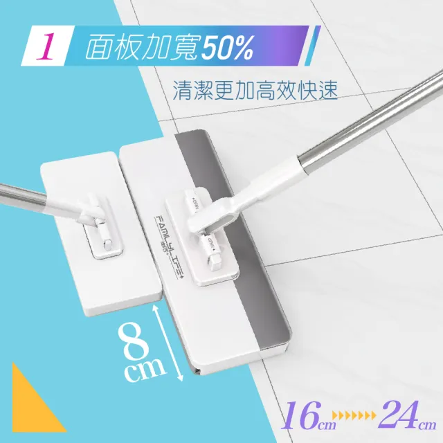 【FL 生活+】加寬加長款 超好夾1秒換布洗臉巾環保拖把(360度萬向加寬面板 132公分加長拖桿 快彈式開啟)