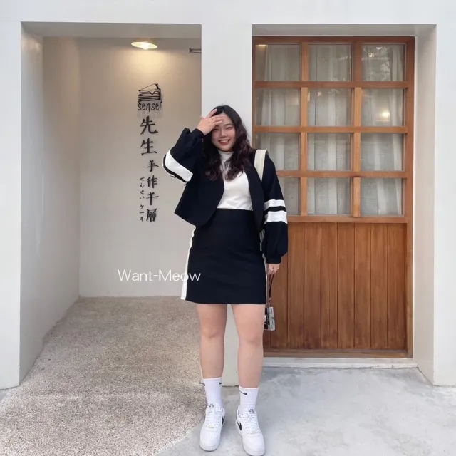 【Want-Meow】95公斤可穿/長袖學院風褲裙兩件套(大碼/大尺碼/加大碼/短褲裙套裝)