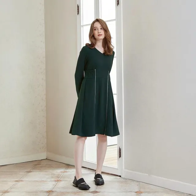 【ICHE 衣哲】Cop.Copine 法國原裝進口深墨綠超顯白剪裁設計感造型洋裝