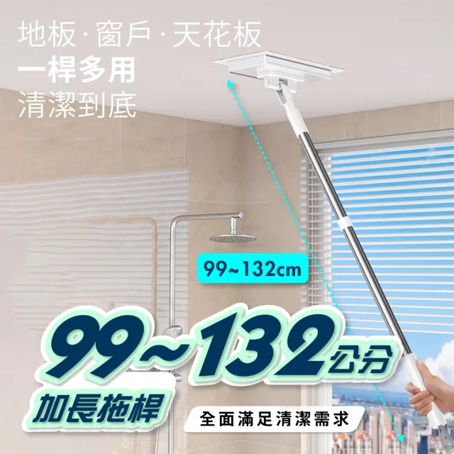 【FL 生活+】加長款 超好夾1秒換布洗臉巾環保拖把(360度萬向面板 130公分加長拖桿 快彈式開啟)
