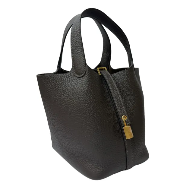 【Hermes 愛馬仕】H056289CC 46 經典Picotin Lock 18菜籃子金釦手提水桶包(烏木黑)