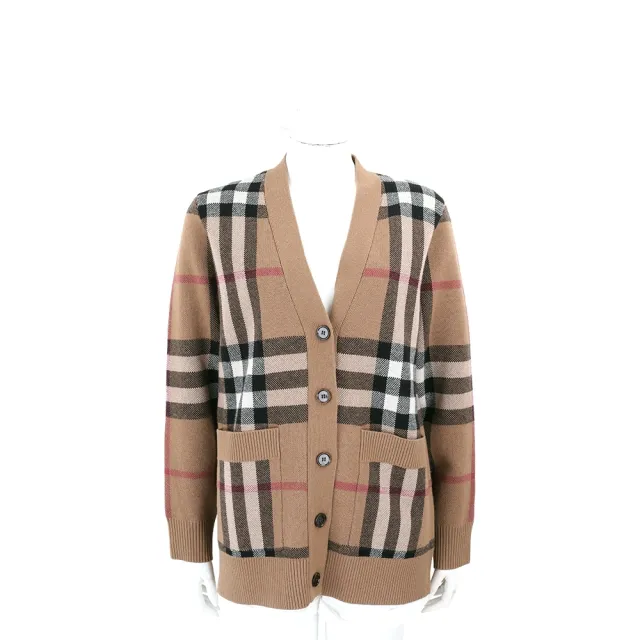 【BURBERRY 巴寶莉】格紋樺木棕 喀什米爾羊毛開襟外套 針織衫 男女可穿