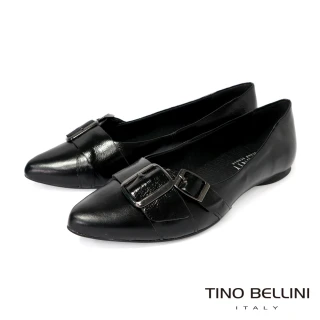 【TINO BELLINI 貝里尼】巴西進口 經典復古金屬方扣尖頭平底鞋FWBV042-1(黑色)