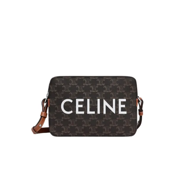 【CELINE】經典Triomphe 標誌印花帆布雙拉鍊郵差包/相機包(棕褐色111612EVL.04LI)