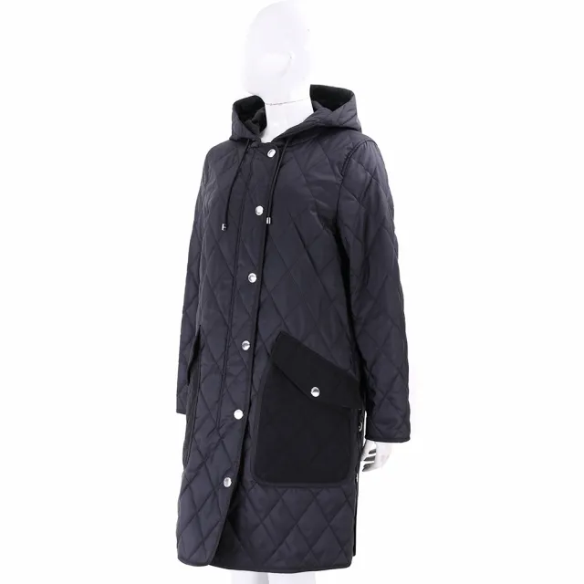 【BURBERRY 巴寶莉】菱格衍縫 格紋內裡 中長款連帽外套-黑色