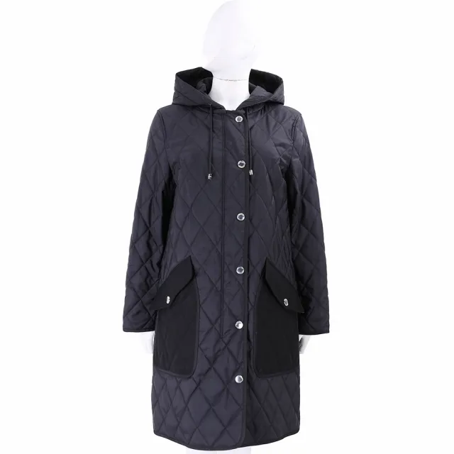 【BURBERRY 巴寶莉】菱格衍縫 格紋內裡 中長款連帽外套-黑色