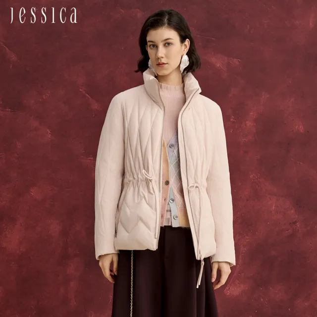 【JESSICA】菱格抽繩收腰立領拉鏈羽絨外套J54C11（粉）