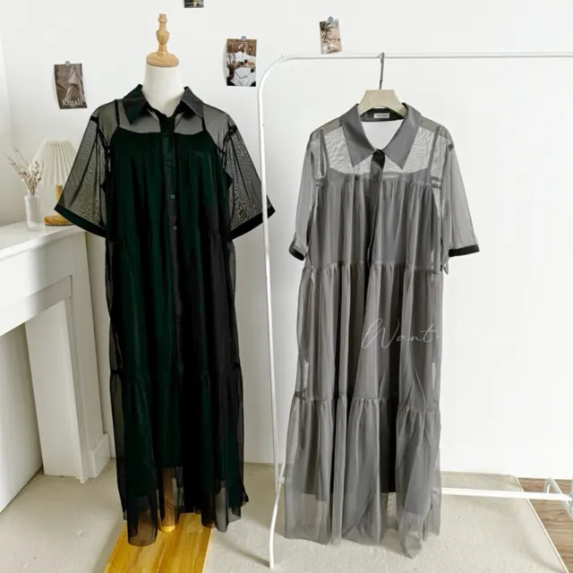 【Want-Meow】90公斤可穿/日系兩件組長袖/短袖網紗寬鬆洋裝襯衫尾牙約會婚禮(大碼/大尺碼/加大碼/洋裝組)