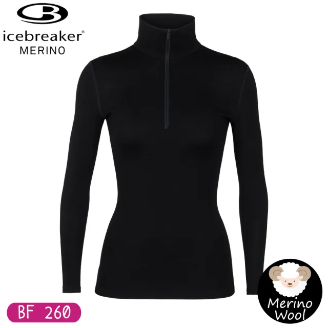 【Icebreaker】女 Tech 半開襟長袖上衣 BF260《黑》104390/保暖羊毛衫/套頭內搭