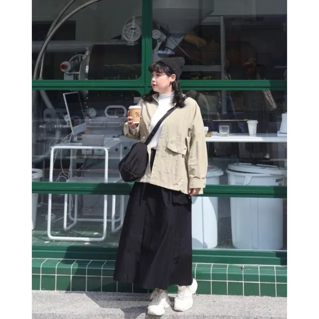 【Want-Meow】(出清品)90公斤可穿/簡約尼龍寬鬆中性風工裝質感襯衫外套(大碼/大尺碼/加大碼/襯衫外套)