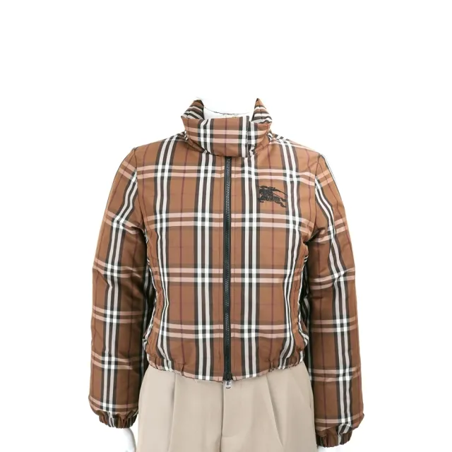 【BURBERRY 巴寶莉】格紋 縮腰短版 立領羽絨外套 夾克-樺木棕/女款