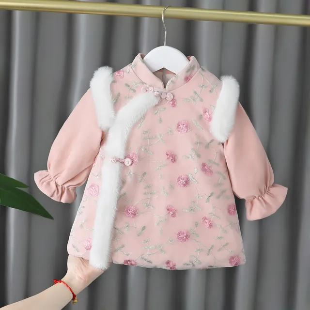 【橘魔法】花草刺繡毛邊長版上衣 洋裝 中國風 旗袍裝 過年 唐裝 新年 新衣 拜年服 女童 童裝 兒童