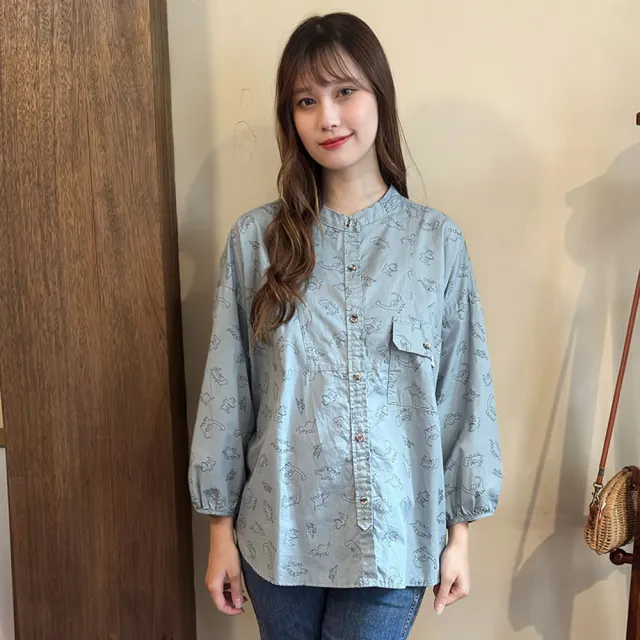 【Hana Mokuba】花木馬日系女裝線條恐龍印花弧形下襬泡袖襯衫