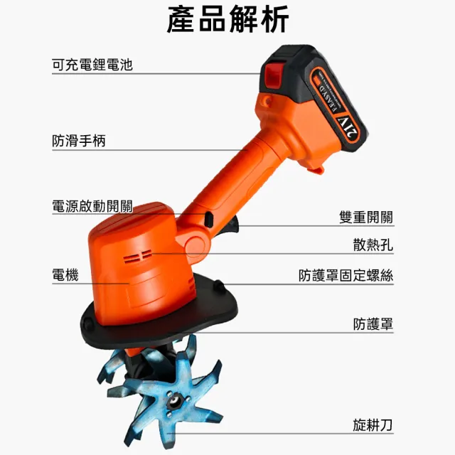 【佳美多】微耕機 鬆土機 翻土機 犁地機 電動鋤頭旋耕機 除草 松土 小型家用(大容量鋰電池 快速鬆土)