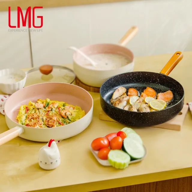 【LMG】雪藏系列不沾鍋三鍋五件組-IH爐可用鍋(平底鍋28cm+雪平鍋22cm+玉子燒鍋+鍋蓋*2)