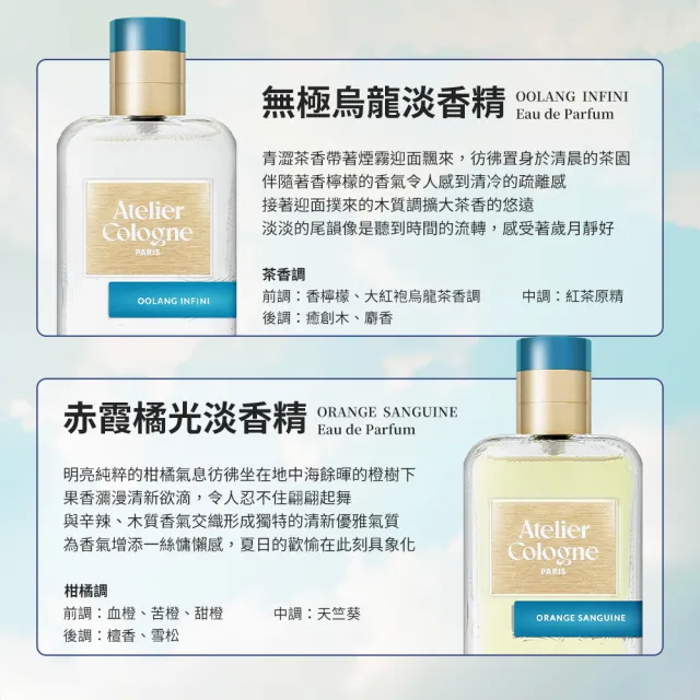 【Atelier Cologne】淡香精 100ml 多款任選(無極烏龍/赤霞橘光/情柚獨鍾/加州盛夏/雪松之戀)