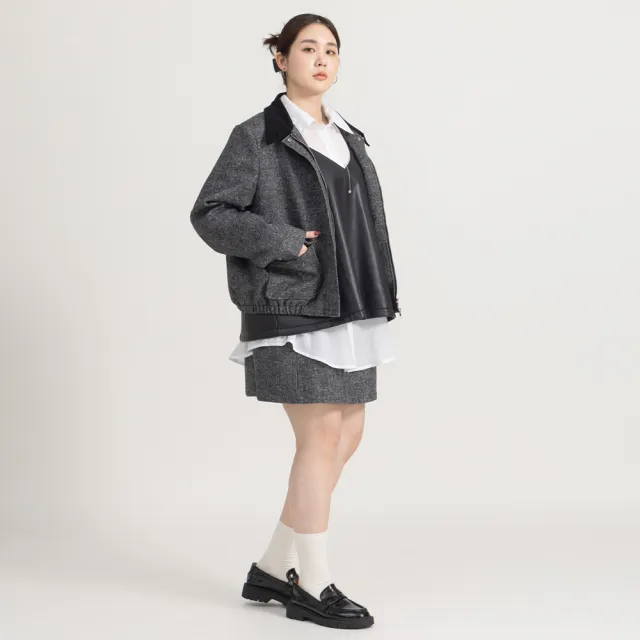 【M：MINb】雙色織紋全腰鬆緊羊毛短裙(灰色/中大尺碼女裝/XL女裝/女裝/肉肉女穿搭/褲裙)