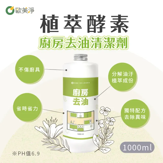 【歐美淨】植萃酵素廚房去油清潔劑補充瓶1000mlx2入(廚房家電/抽油煙機/瓦斯爐/氣炸鍋/微波爐)