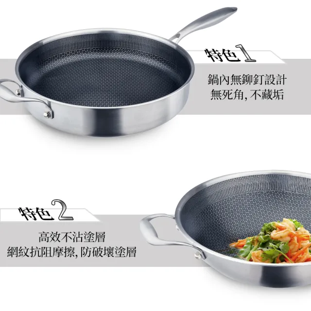 【PERFECT 理想】鈦晶316不銹鋼蜂巢式不沾平底鍋30cm附蓋附鏟  台灣製造(不挑爐具 蜂窩式 不沾鍋)