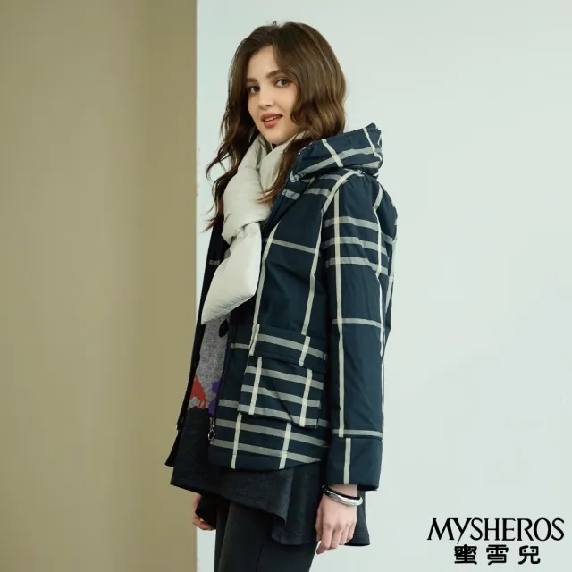 【MYSHEROS 蜜雪兒】拉鍊連帽外套 寬格紋翻蓋貼袋(丈青)
