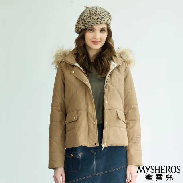 【MYSHEROS 蜜雪兒】連帽絎縫鋪棉外套 金釦拉鍊 翻蓋貼袋(咖啡)