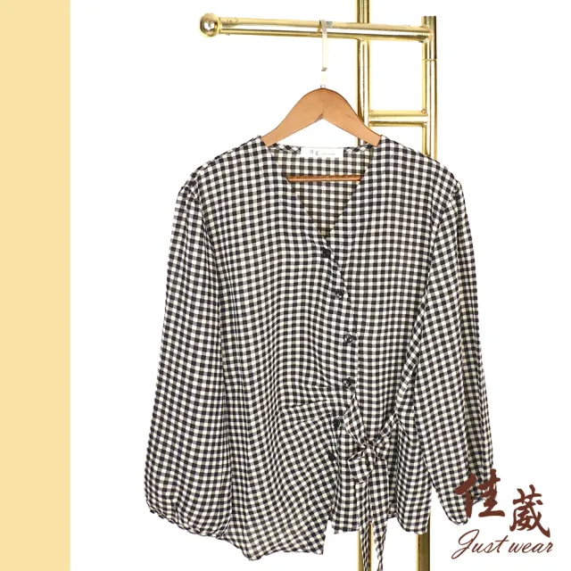 【Just Wear 佳葳】經典細格紋綁結上衣(女上衣/女上著/長袖/雪紡/鈕釦/棉質/百搭)