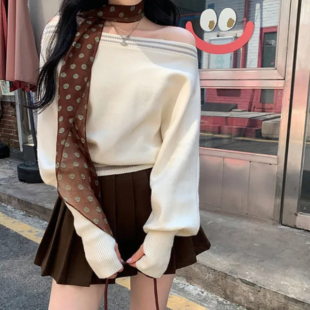 【D.studio】韓版氣質露肩一字領針織上衣毛衣長袖上衣保暖上衣秋冬女裝發熱衣保暖衣打底衣W695