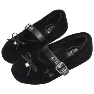 【Ann’S】Ann’S X Sanrio三麗鷗 HELLO KITTY 聯名 柔軟純羊毛 寬版舒適軟墊蝴蝶結平底瑪莉珍娃娃鞋2cm-黑