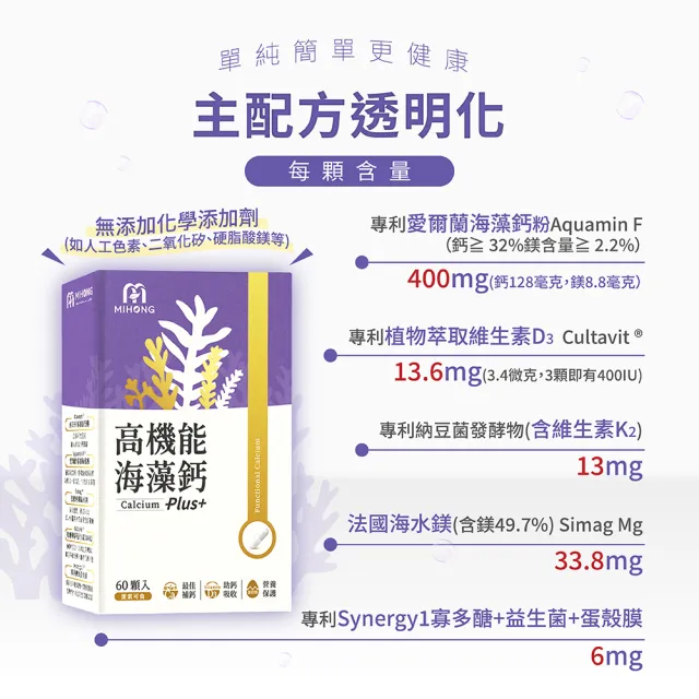 【MIHONG 米鴻生醫】高機能海藻鈣Plus-添加蛋殼膜.維生素D3.納豆萃取物 x1盒(60顆/盒)