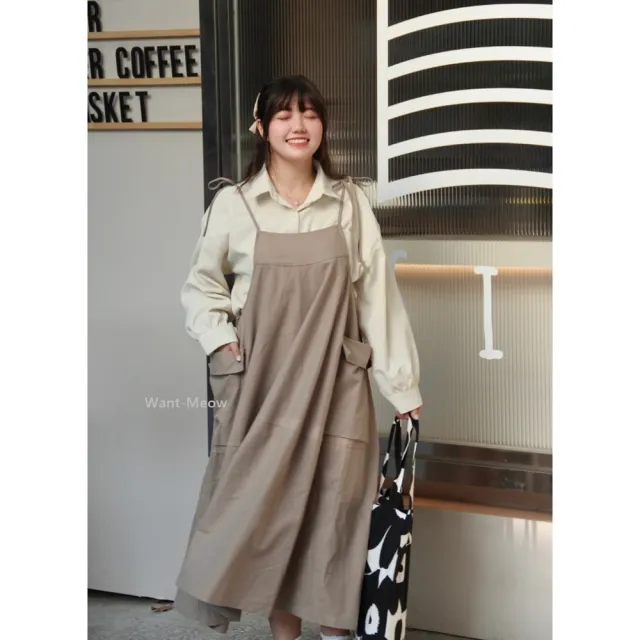【Want-Meow】(出清品)70公斤可穿/顯瘦綁帶棉側口袋吊帶裙洋裝(大碼/大尺碼/加大碼/孕婦裝/吊帶長裙)