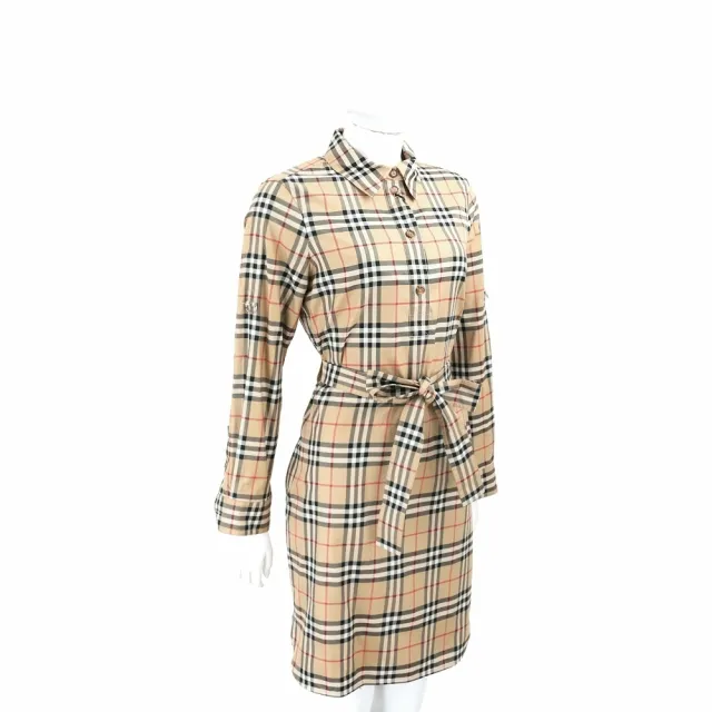 【BURBERRY 巴寶莉】Vintage 格紋純棉綁帶襯衫式洋裝-典藏米色