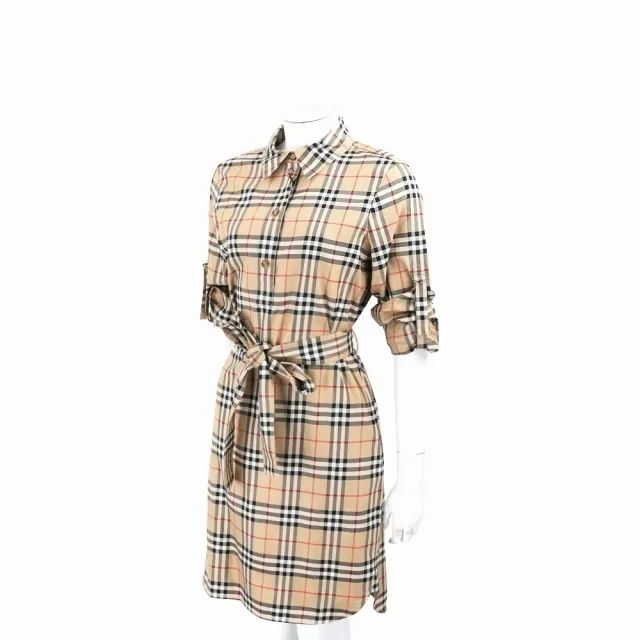 【BURBERRY 巴寶莉】Vintage 格紋純棉綁帶襯衫式洋裝-典藏米色