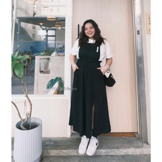 【Want-Meow】80公斤可穿/顯瘦韓系簡約標籤吊帶棉長裙吊帶裙(大碼/大尺碼/加大碼/吊帶裙)