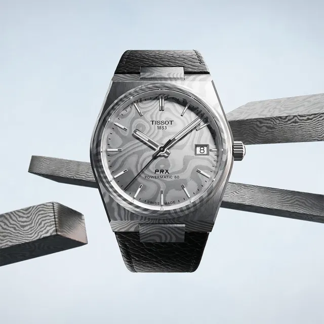 【TISSOT 天梭】大馬士革鋼PRX系列機械錶-銀x黑/38mm 送禮 禮物 推薦(T1378079608100/T137.807.96.081.00)