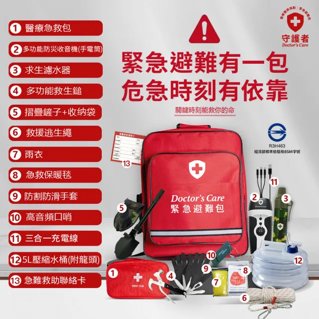 【守護者-緊急避難包+醫療包】不斷電手電筒+警報收音+SGS濾水器 最完善地震防災包(關鍵時刻能救你的命)