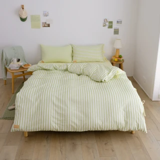 【翔仔居家】100%純棉 華爾紗 鋪棉被套床包組4件組-檸檬x開心果優格(特大/純棉床包/特大床包/床包被套)