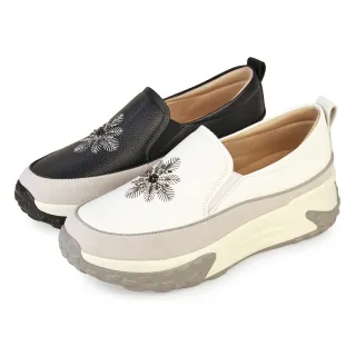 【GREEN PHOENIX 波兒德】女鞋 休閒鞋 懶人鞋 厚底 彈力 紓壓 直套式 真皮 輕量 工藝風(白/黑)