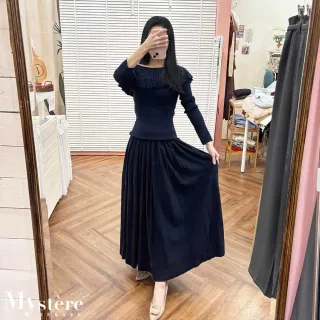 【my stere 我的時尚秘境】雙11 荷葉大翻領 含羊毛兩件式套裝 兩色可選 針織套裝 一字領套裝 斜