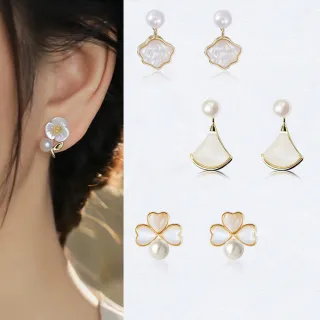 【City Diamond 引雅】天然珍珠 925純銀耳針 母貝 扇形 花朵 愛心 耳環-多款任選(珠潤月詠系列)