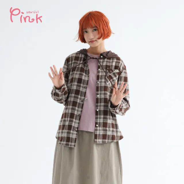 【PINK NEW GIRL】格紋排扣連帽上衣 (2色) Z4201AC