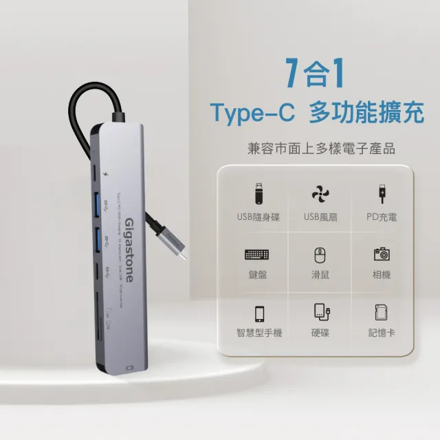 【Gigastone 立達國際】7合1多功能 100W PD充電 Type-C HUB集線器(HUB-P7/USB/Type-C/SD/HDMI/Micro SD)