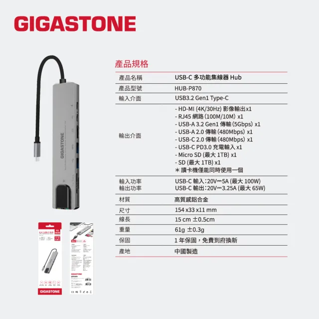 【Gigastone 立達國際】8合1 USB-C多功能集線器HUB-P870(iPad手機投影/標準網路接口/Mac轉USB讀卡機)