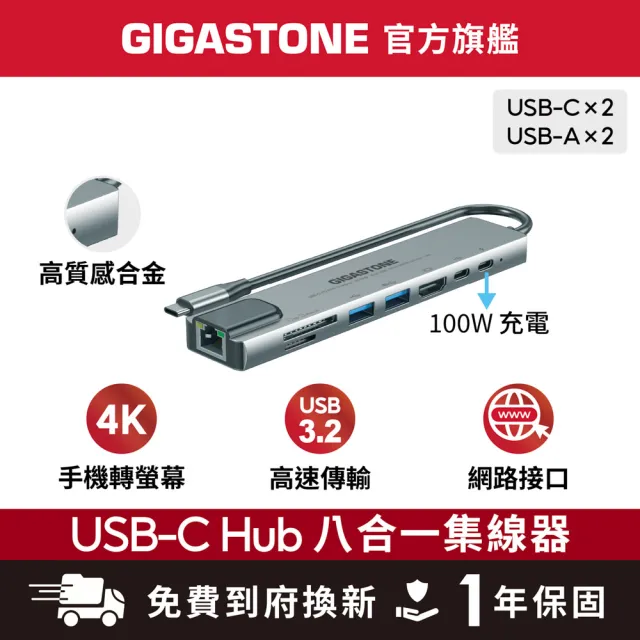 【Gigastone 立達國際】8合1 USB-C多功能集線器HUB-P870(iPad手機投影/標準網路接口/Mac轉USB讀卡機)