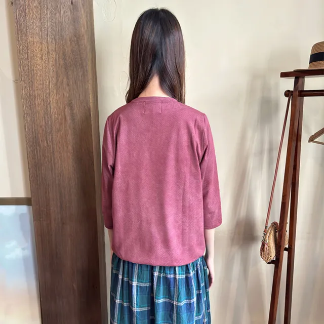 【Hana Mokuba】花木馬日系女裝休閒圓領帆布標七分袖上衣