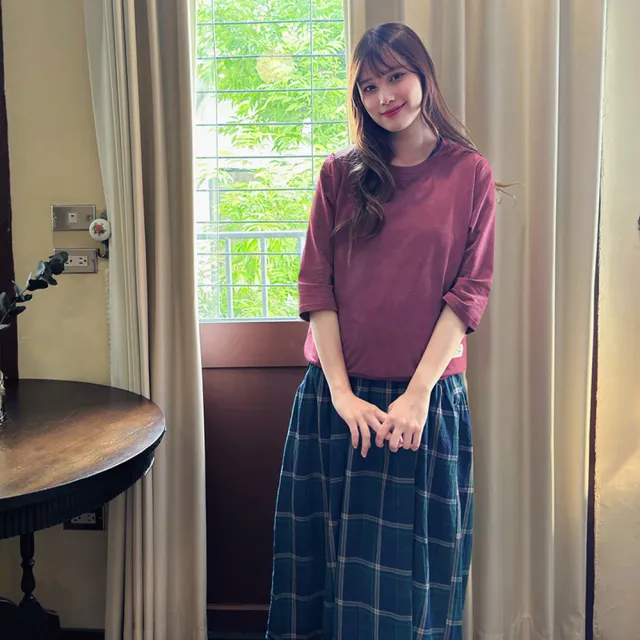 【Hana Mokuba】花木馬日系女裝休閒圓領帆布標七分袖上衣