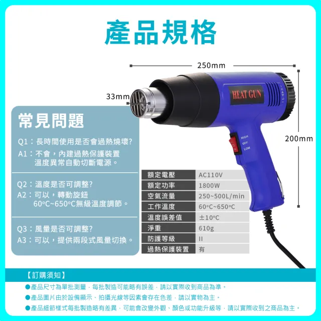 工業級熱風槍 收縮膜 1800瓦 軟化水管 165-HG1800 工業熱風槍 熱縮膜 風力調整 無極調溫熱風槍